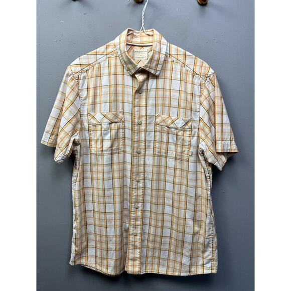 Madison Live Shirt Mens medium button front Plaid Yellow Organic Cotton‎ Pocket - Picture 1 of 6